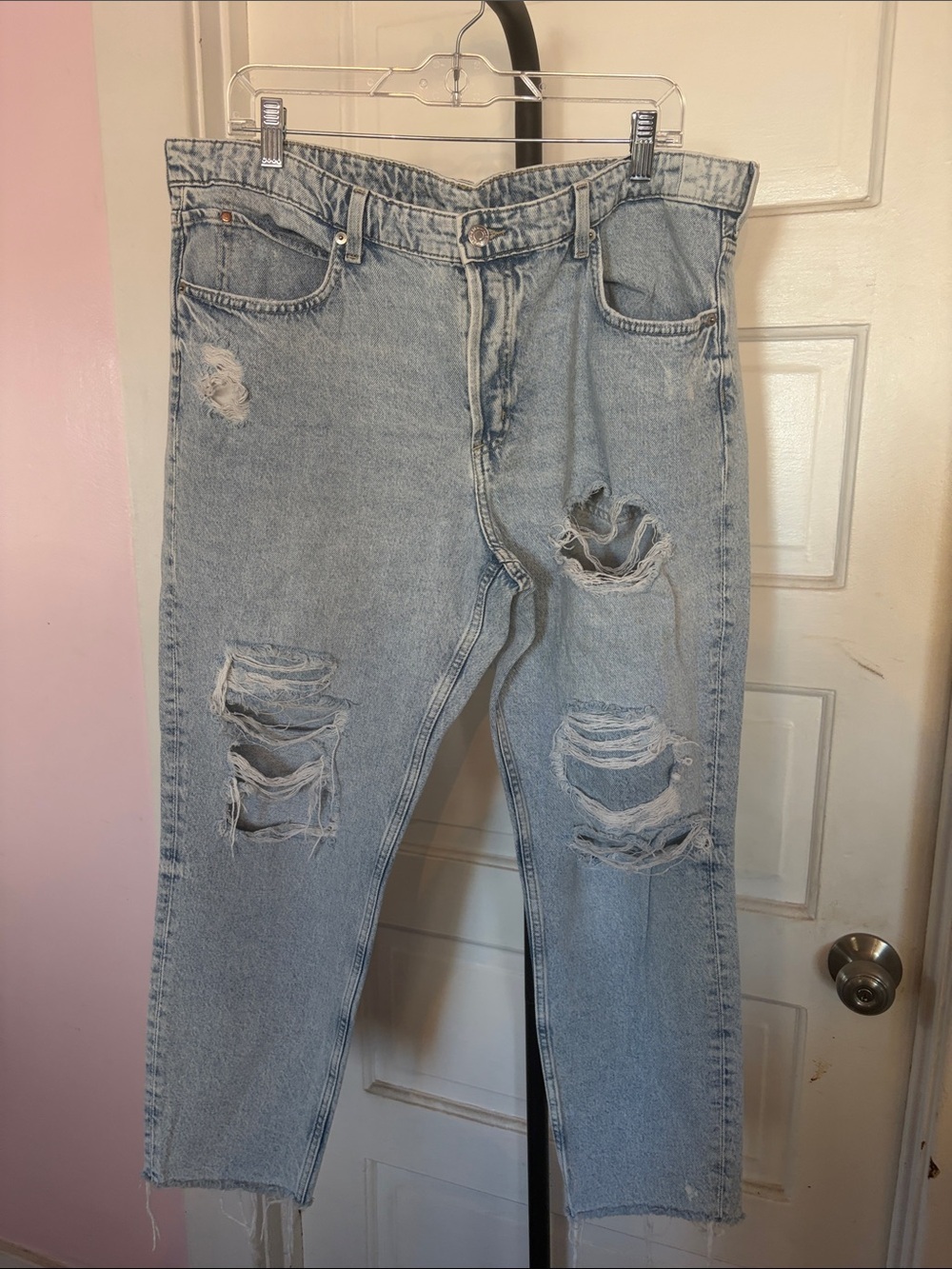 Women’s Light Blue Distressed Straight Leg Jeans